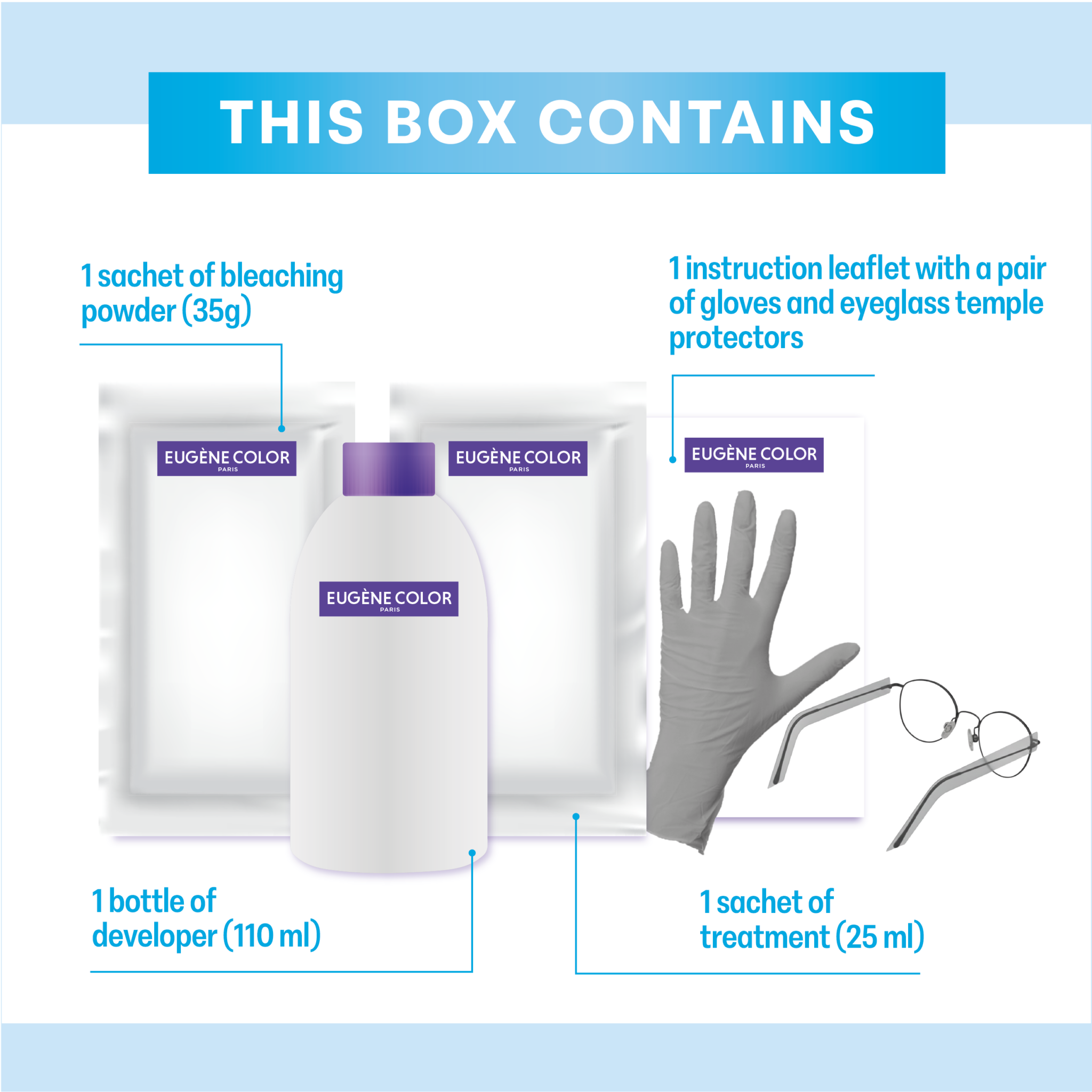 Contents of the hair coloring kit: 1 packet of bleaching powder (35 g), 1 bottle of developer (110 ml), 1 packet of conditioning treatment (25 ml), 1 instruction sheet with a pair of gloves and temple protectors for glasses